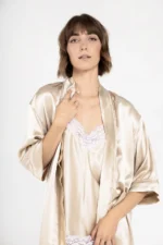 100% Svileni Bež Kimono - Слика 3